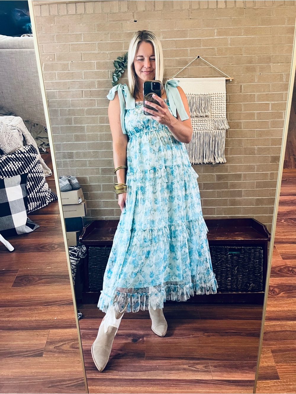 Blu Pepper Light Blue Floral Tie-Shoulder Maxi Dress